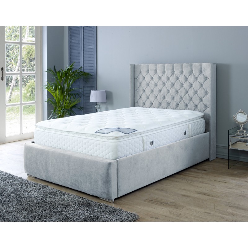 Nylasor Velvet Silver Buttoned Headboard 3ft Ottoman Bed